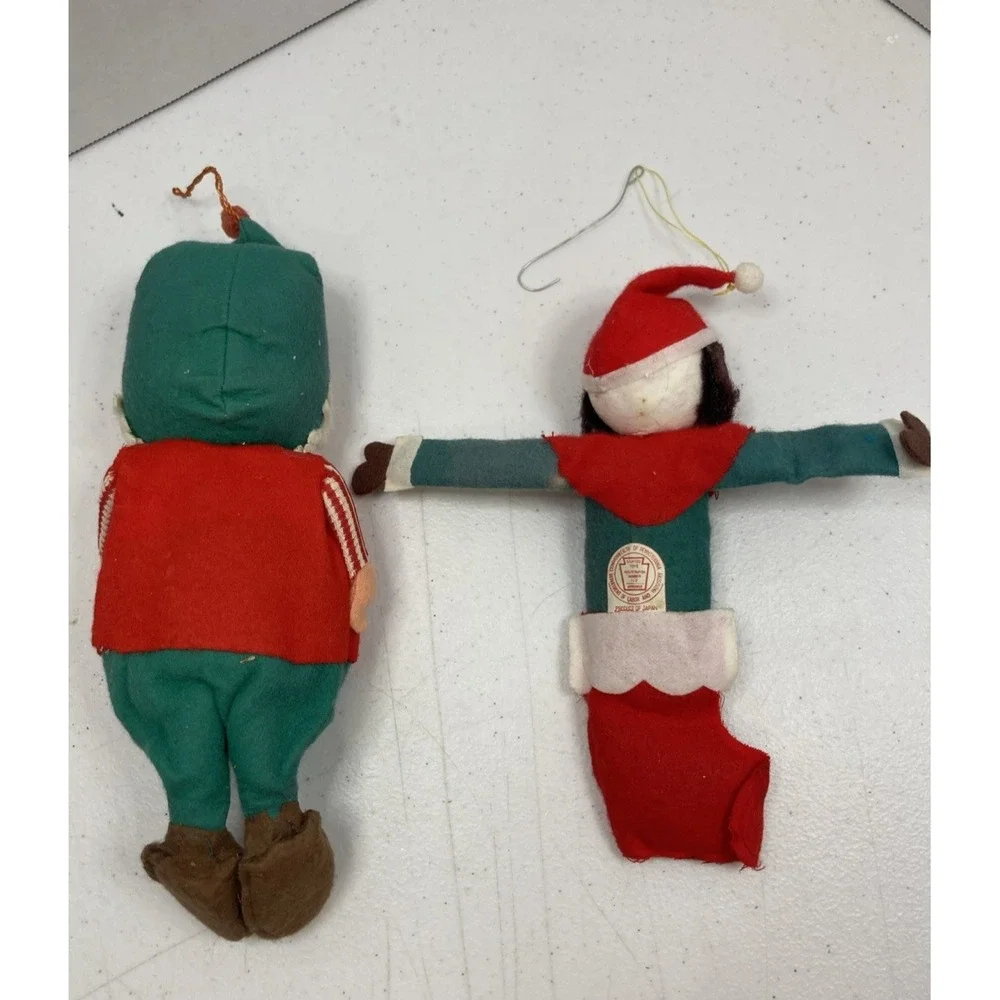 Two Vtg MCM 1950s Fun Farm Elf Ornament Felt‎ Material & Dog Elf Japan Christmas
